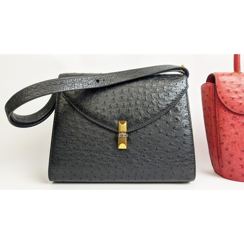 14A - AVRIL & MORIO PARIS VINTAGE BAGS, three, a coral color ostrich and leather, with flap closure and si... 