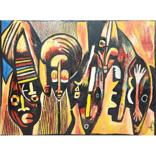 105 - MICHAEL OKAHAGWU (Nigeria 1948-2016), 'Masqueraders', oil on canvas, signed.