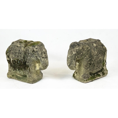 15 - BURMESE ELEPHANT PILLAR STANDS, a pair, well leathered, 42cm H 50cn x 20cm. (2)