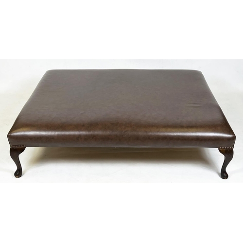 163 - HEARTH STOOL, Georgian style rectangular tan leather raised on mahogany cabriole supports, 140cm x 1... 