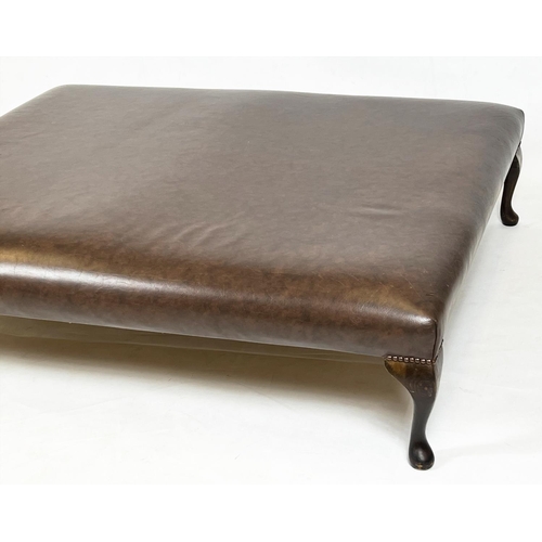 163 - HEARTH STOOL, Georgian style rectangular tan leather raised on mahogany cabriole supports, 140cm x 1... 
