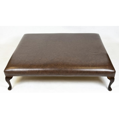 163 - HEARTH STOOL, Georgian style rectangular tan leather raised on mahogany cabriole supports, 140cm x 1... 