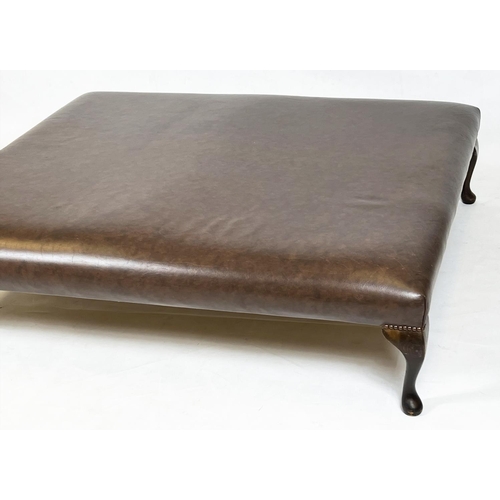 163 - HEARTH STOOL, Georgian style rectangular tan leather raised on mahogany cabriole supports, 140cm x 1... 