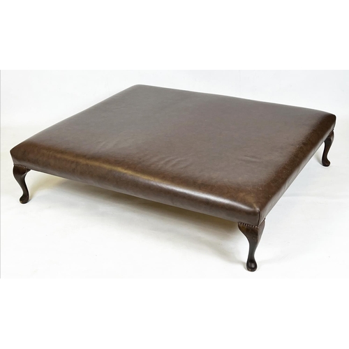 163 - HEARTH STOOL, Georgian style rectangular tan leather raised on mahogany cabriole supports, 140cm x 1... 