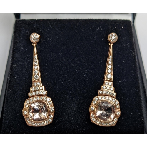 35 - A PAIR OF 18CT GOLD MORGANITE AND DIAMOND SET PENDANT EARRINGS, the largest stones cushion cut, with... 