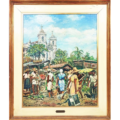 43 - WIM L VAN DIJK (1915-1990) 'Bahia Brasil, Market Scene with Figures'. 103cm H x 86cm W, framed.