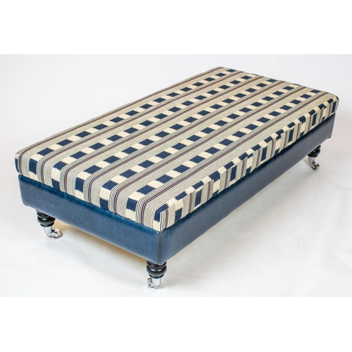 541 - HEARTH STOOL, 35cm H x 128cm W x 63cm D, blue leather and chequered fabric on chrome castors.