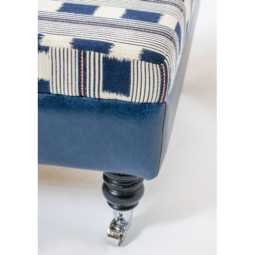 541 - HEARTH STOOL, 35cm H x 128cm W x 63cm D, blue leather and chequered fabric on chrome castors.