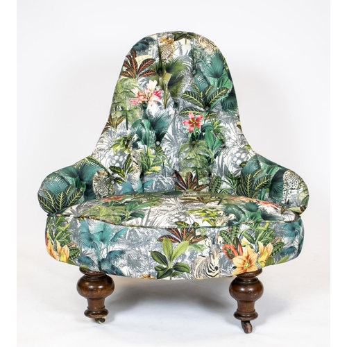 542 - CORNER CHAIR, 92cm H x 94cm W, Victorian walnut in tropical plant and animal print upholstery on cas... 