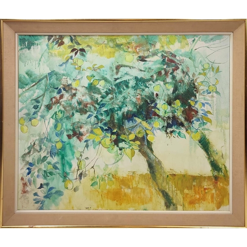 67 - SUSAN SHAW (B.1938), 'Apple trees', 1967, oil on canvas, 77cm x 92cm.