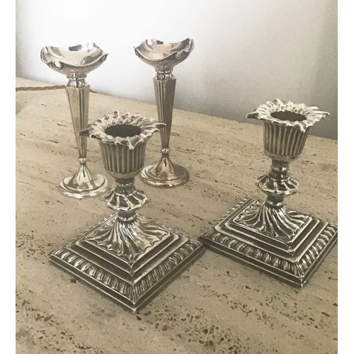 20 - SILVER CANDLESTICKS, a pair, 19th century silver with removable sconces and stepped bases, together ... 