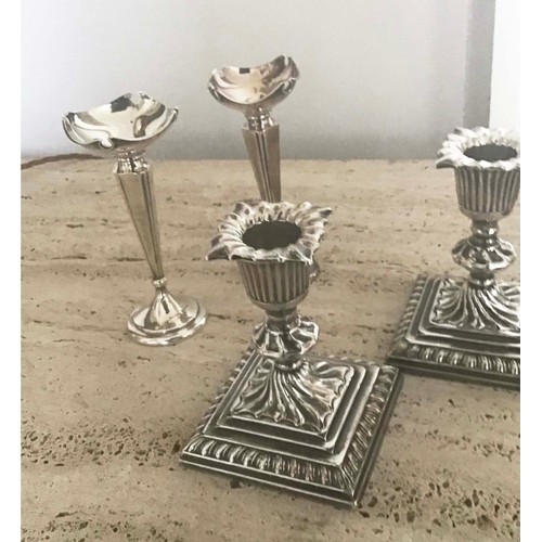 20 - SILVER CANDLESTICKS, a pair, 19th century silver with removable sconces and stepped bases, together ... 