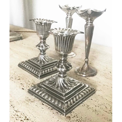 20 - SILVER CANDLESTICKS, a pair, 19th century silver with removable sconces and stepped bases, together ... 