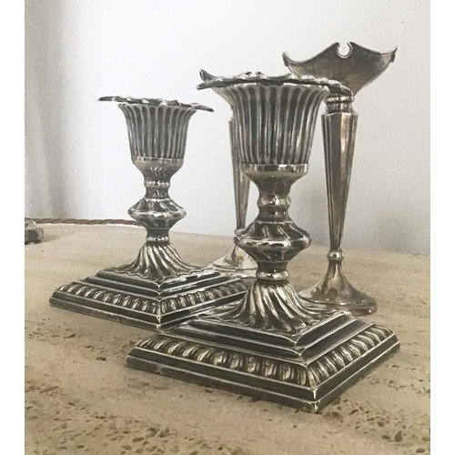 20 - SILVER CANDLESTICKS, a pair, 19th century silver with removable sconces and stepped bases, together ... 