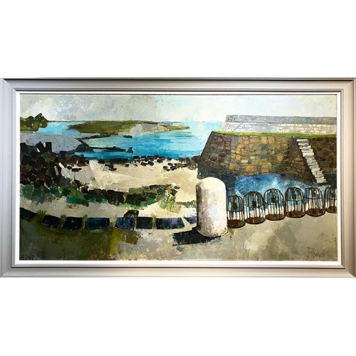 61 - EDWARD POND (1929-2012), 'Harbour and lobster pots', oil on board, 63.5cm x 121cm, signed and framed... 