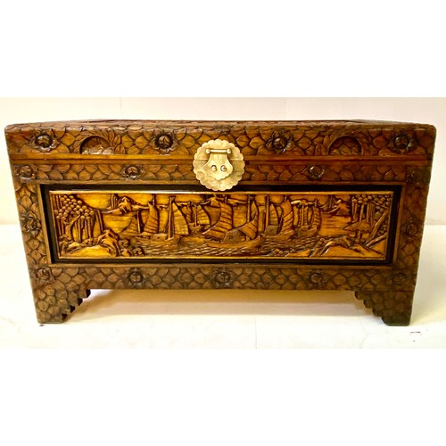 539 - CHINESE CAMPHOR CHEST, 46cm high, 88cm wide, 43cm deep, early 20th Century, carved panels depicting ... 