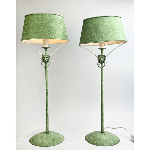 167 - CHAUMETTE TABLE LAMPS, French circa 1970's, Regency design verdigris metal with lion head detail, 61... 