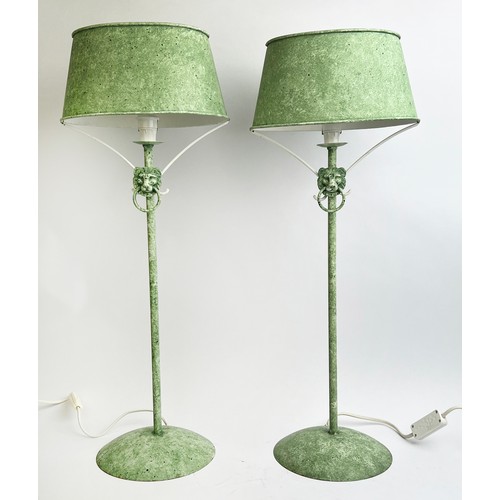 167 - CHAUMETTE TABLE LAMPS, French circa 1970's, Regency design verdigris metal with lion head detail, 61... 