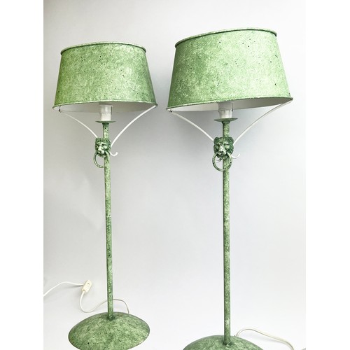 167 - CHAUMETTE TABLE LAMPS, French circa 1970's, Regency design verdigris metal with lion head detail, 61... 