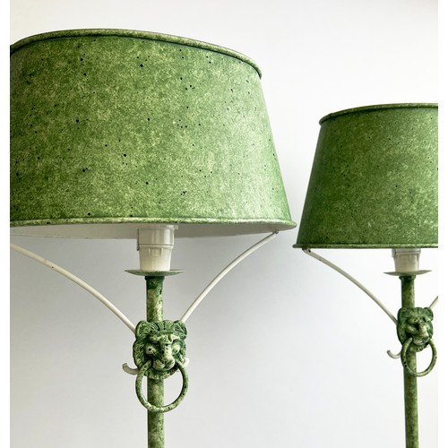 167 - CHAUMETTE TABLE LAMPS, French circa 1970's, Regency design verdigris metal with lion head detail, 61... 