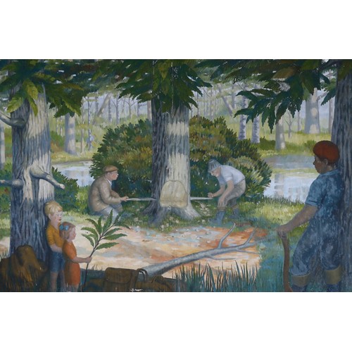 103 - ATTRIBUTED TO ALZIRA PEIRCE (1908-2010), 'Woodland scene with figures', oil on board, 183cm x 244cm.