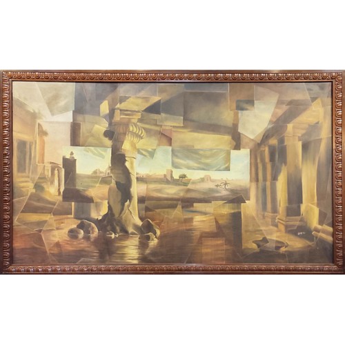 99 - JAYAH BUCKTOWAR, 'Cubist landscape', oil on canvas, 119cm x 212cm, signed and inscribed verso, frame... 