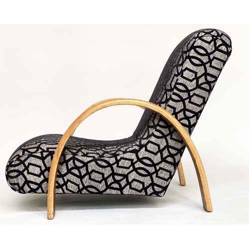 555 - HEAL'S BANANA LOUNGE CHAIRS, a pair, with oak bentwood arms, 76cm W. (2)