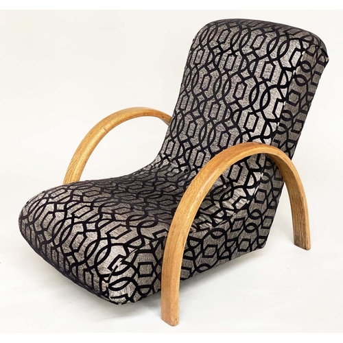 555 - HEAL'S BANANA LOUNGE CHAIRS, a pair, with oak bentwood arms, 76cm W. (2)