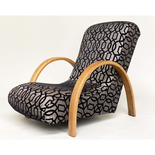 555 - HEAL'S BANANA LOUNGE CHAIRS, a pair, with oak bentwood arms, 76cm W. (2)