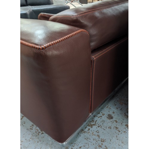 556 - ROCHE BOBOIS SOFA, stitched tan leather, 260cm W.