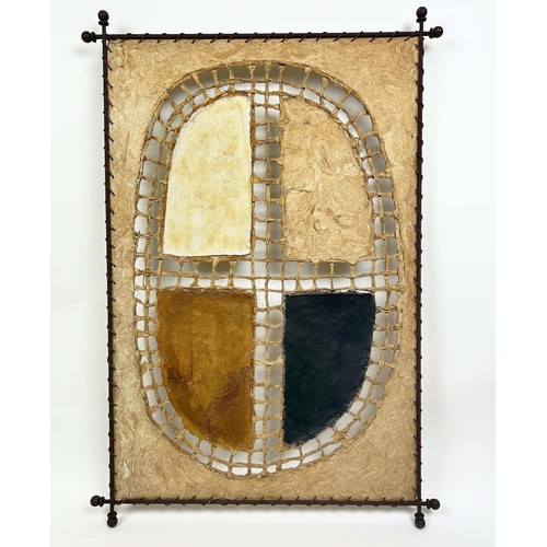 73 - TRIBAL ART WALL HANGING, mid 20th century, various handmade fibre paper and painted canvas in a meta... 