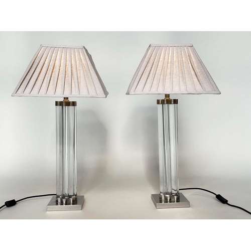 116 - TABLE LAMPS, a pair, Art Deco style of four column glass clusters with square nickel plinths and sha... 