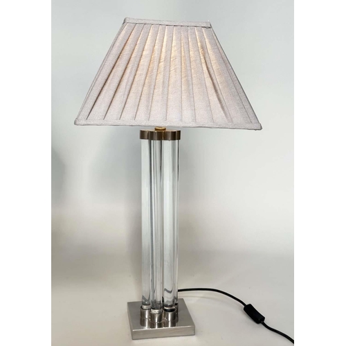 116 - TABLE LAMPS, a pair, Art Deco style of four column glass clusters with square nickel plinths and sha... 