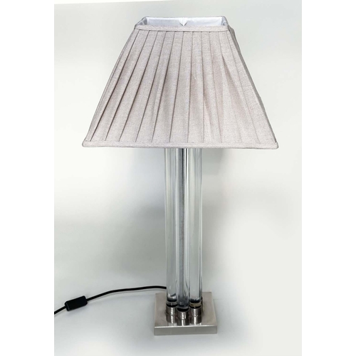 116 - TABLE LAMPS, a pair, Art Deco style of four column glass clusters with square nickel plinths and sha... 