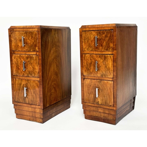 117 - ART DECO BEDSIDE CHESTS, a pair, burr walnut each with three drawers and original chromed bale handl... 