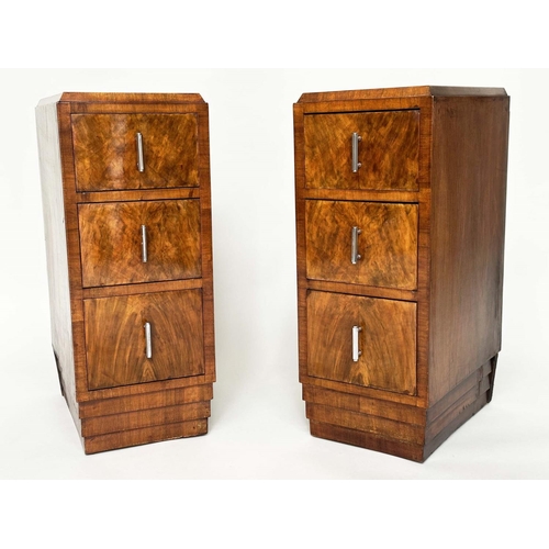 117 - ART DECO BEDSIDE CHESTS, a pair, burr walnut each with three drawers and original chromed bale handl... 