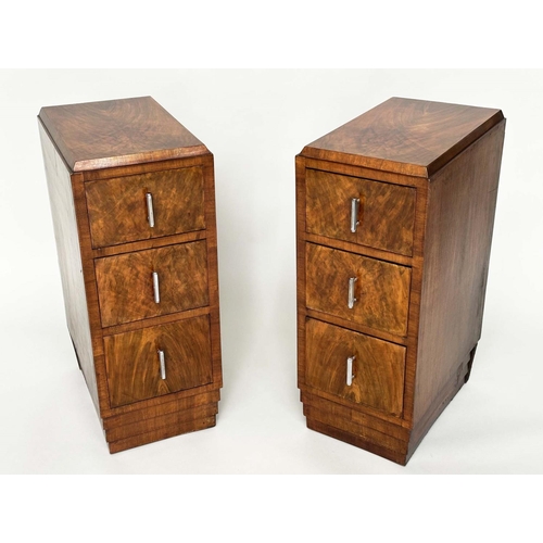 117 - ART DECO BEDSIDE CHESTS, a pair, burr walnut each with three drawers and original chromed bale handl... 