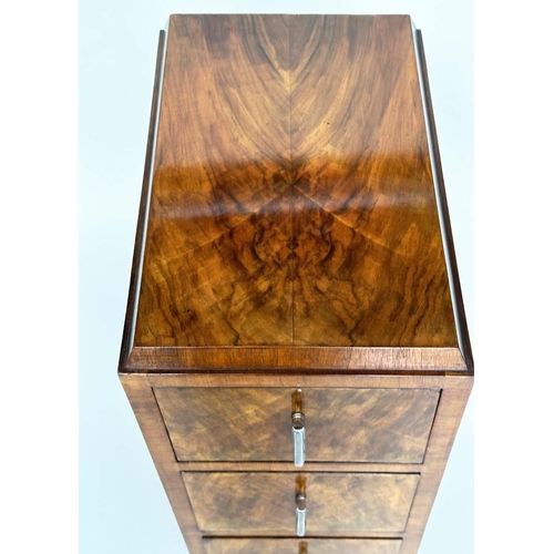 117 - ART DECO BEDSIDE CHESTS, a pair, burr walnut each with three drawers and original chromed bale handl... 