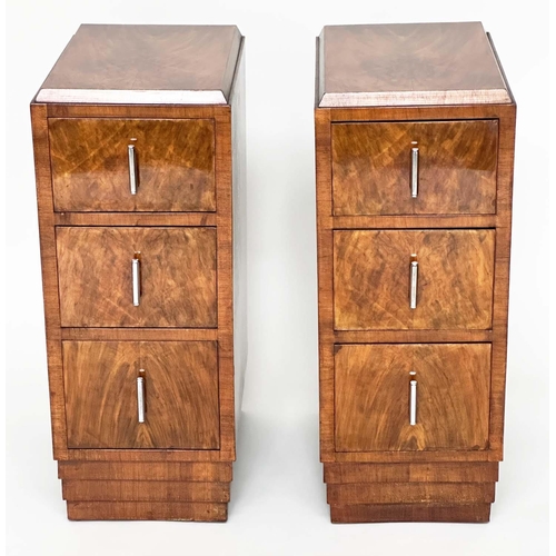 117 - ART DECO BEDSIDE CHESTS, a pair, burr walnut each with three drawers and original chromed bale handl... 