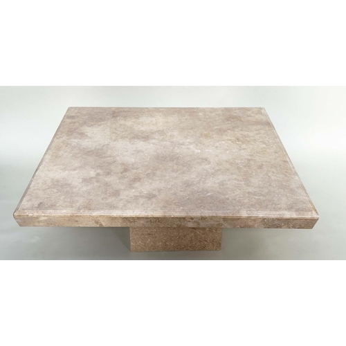 118 - TRAVERTINE LOW TABLE, 1970's Italian square marble on plinth support, 120cm x 120cm x 45cm H.