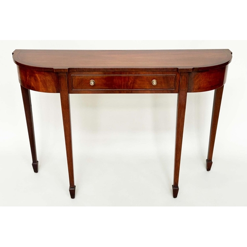 119 - HALL TABLE, George III design flame mahogany, rounded rectangular with frieze drawer, 122cm x 35cm x... 