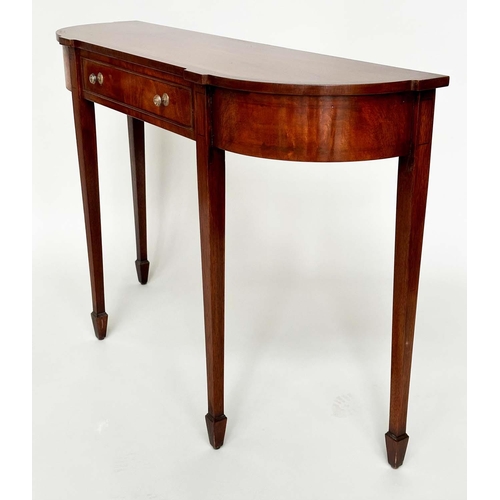 119 - HALL TABLE, George III design flame mahogany, rounded rectangular with frieze drawer, 122cm x 35cm x... 