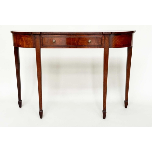 119 - HALL TABLE, George III design flame mahogany, rounded rectangular with frieze drawer, 122cm x 35cm x... 