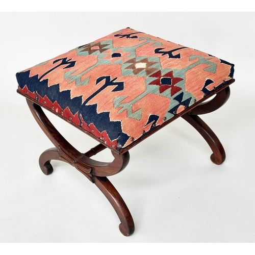 120 - HEARTH STOOL, Regency rosewood with tribal Kelim upholstery and carved 'x' frame support, 52cm x 52c... 