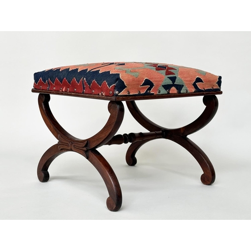 120 - HEARTH STOOL, Regency rosewood with tribal Kelim upholstery and carved 'x' frame support, 52cm x 52c... 