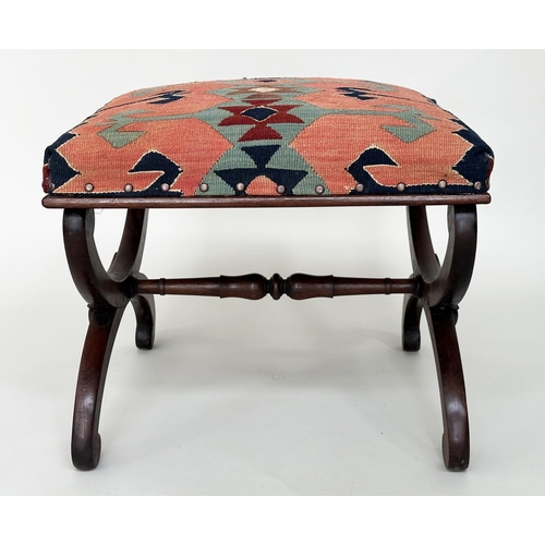 120 - HEARTH STOOL, Regency rosewood with tribal Kelim upholstery and carved 'x' frame support, 52cm x 52c... 