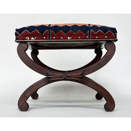 120 - HEARTH STOOL, Regency rosewood with tribal Kelim upholstery and carved 'x' frame support, 52cm x 52c... 