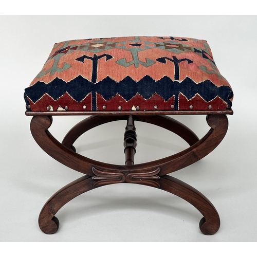 120 - HEARTH STOOL, Regency rosewood with tribal Kelim upholstery and carved 'x' frame support, 52cm x 52c... 