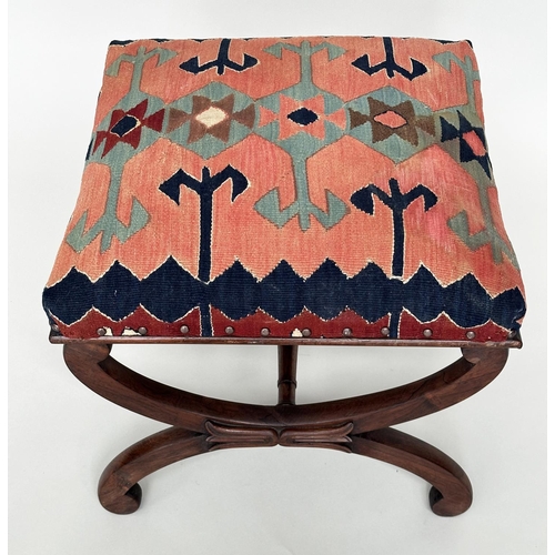 120 - HEARTH STOOL, Regency rosewood with tribal Kelim upholstery and carved 'x' frame support, 52cm x 52c... 