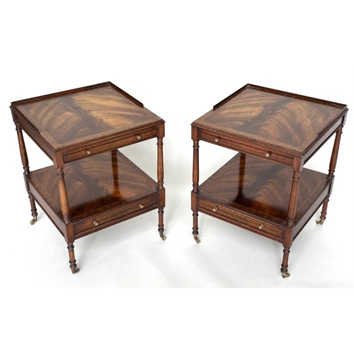 121 - LAMP TABLES, a pair, George III design flame mahogany and crossbanded each with brushing slide and u... 